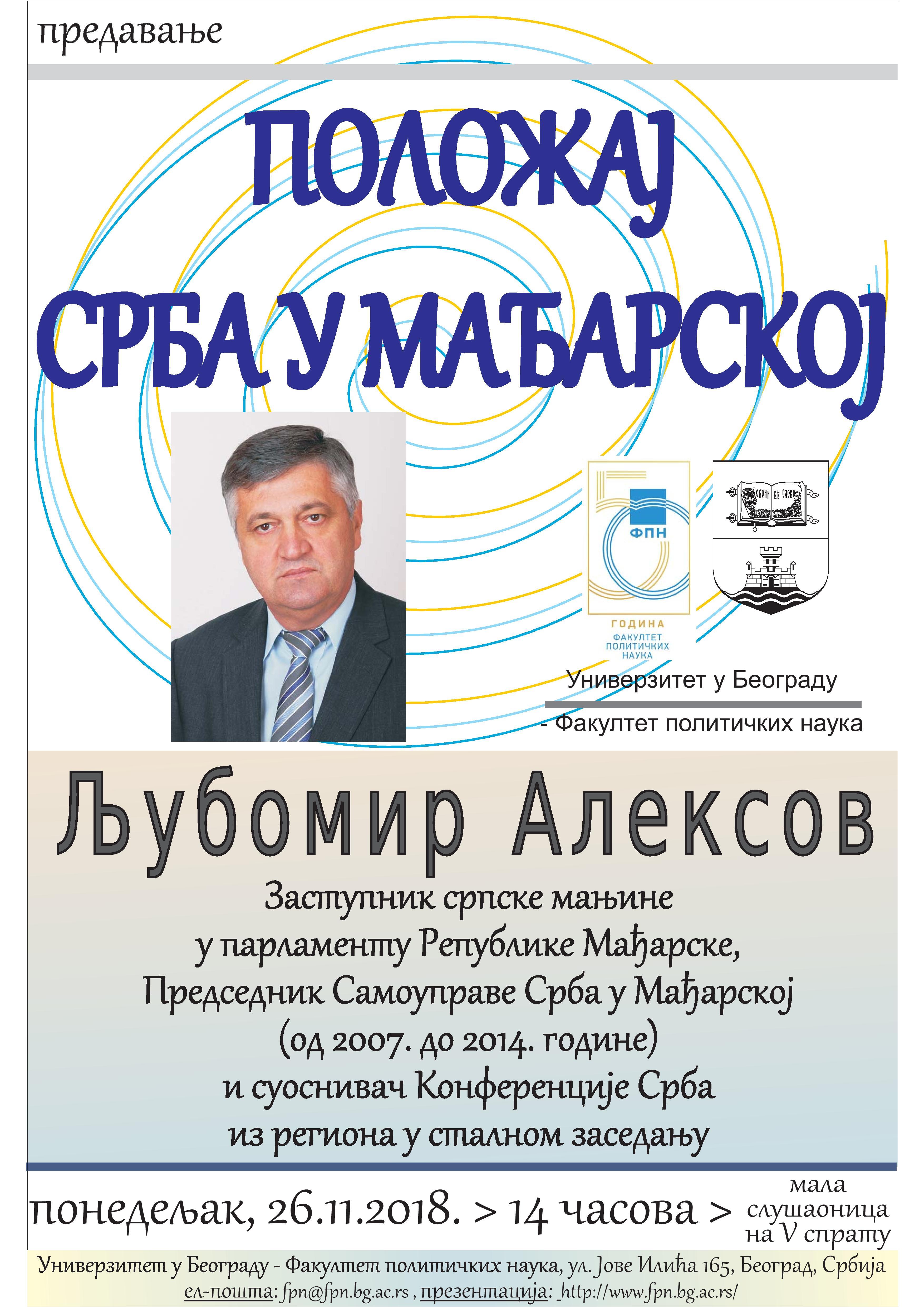 Позив на предавање Љубомира Алексова на тему „Положај Срба у Мађарској"