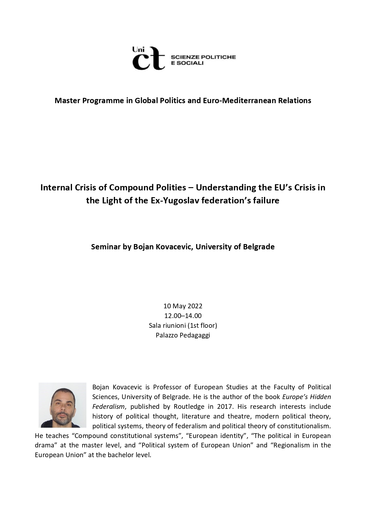 Predstavljanje knjige profesora Bojana Kovacevica "Europe's Hidden Federalism" Routledge, 2017, na Univerzitetu u Kataniji