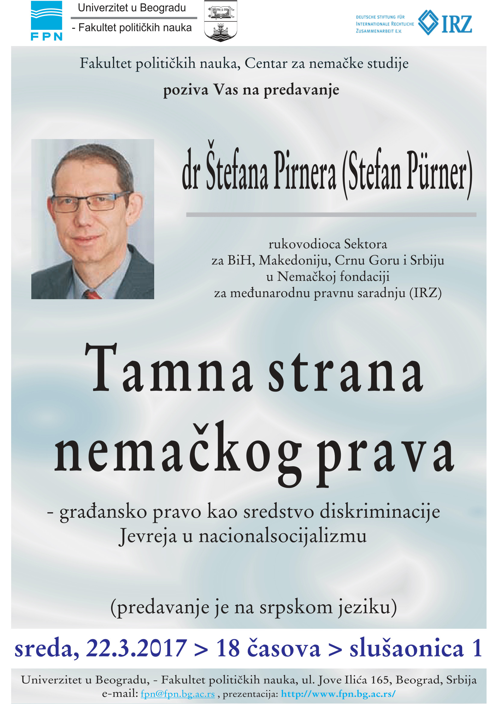Предавање др Штефана Пирнера: Тамна страна немачког права - грађанско право као средство дискриминације Јевреја у националсоцијализму