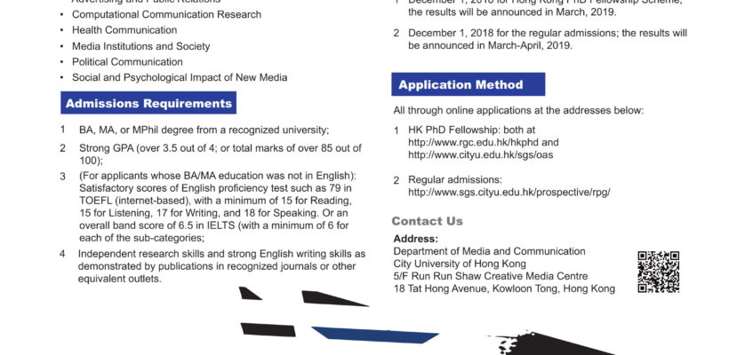 Department of Media & Communication City University of Hong Kong – 2019 Applications for PhD in Communication